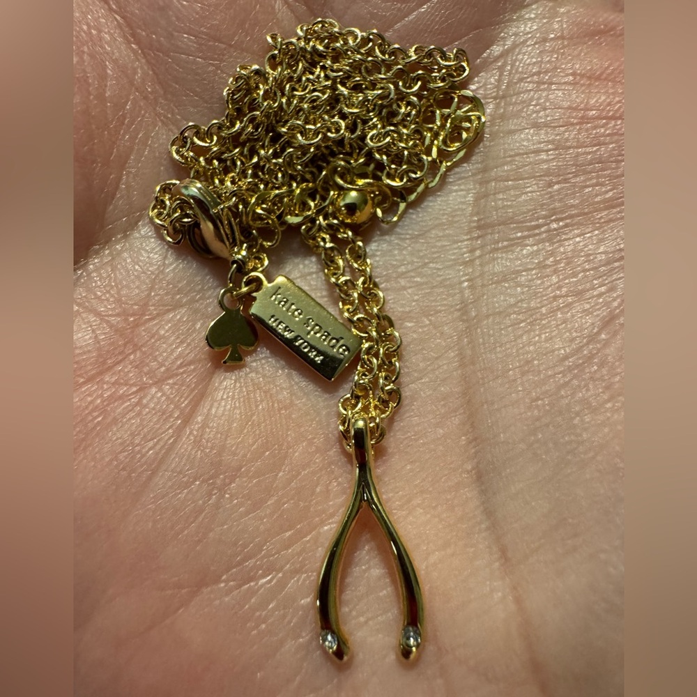Kate Spade Gold Tone Bling Wishbone Necklace, EUC. 17” chain plus 3” extender.